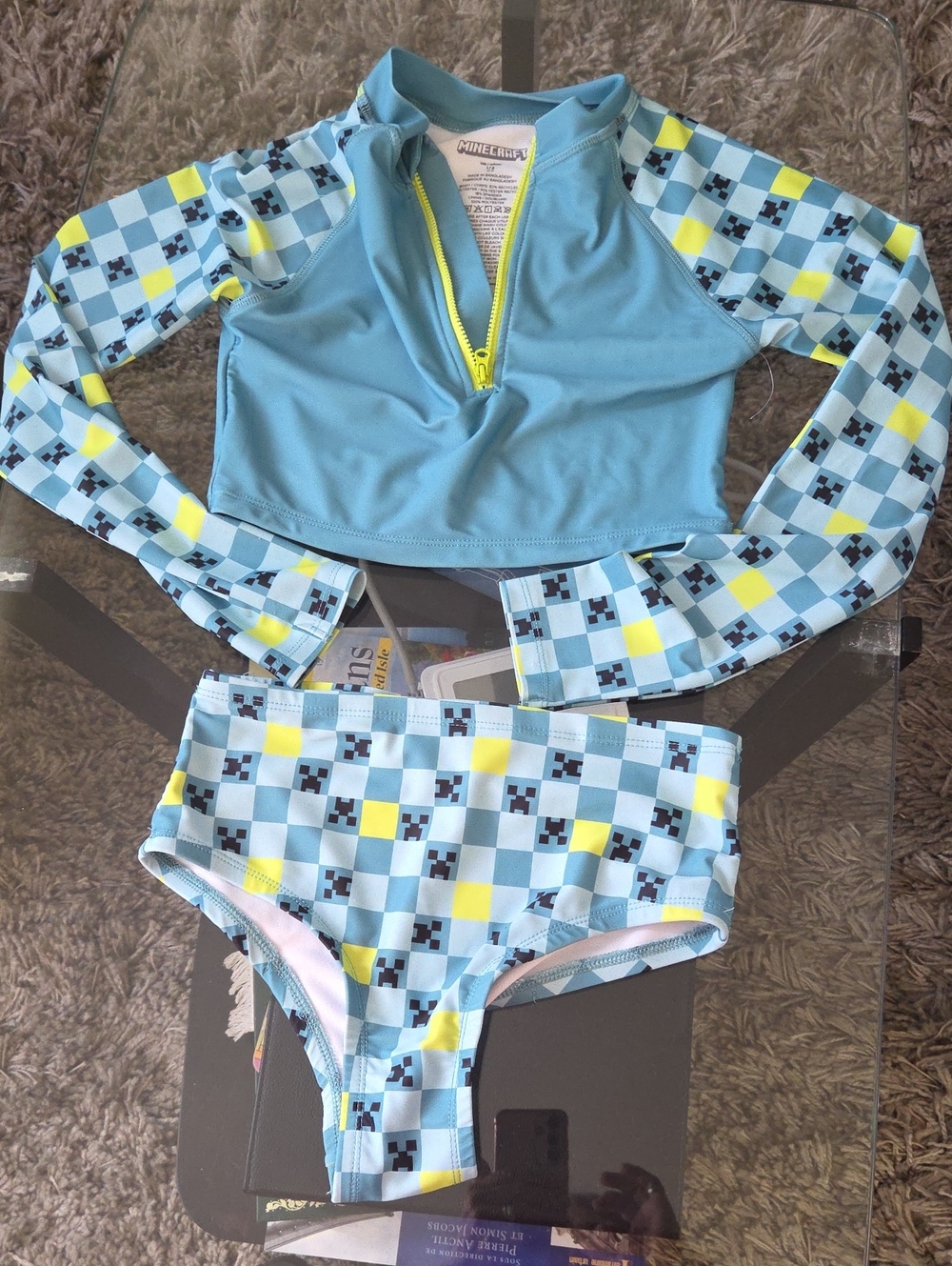 Kids Light Blue Long-Sleeve Rashguard Set with Checker Accents